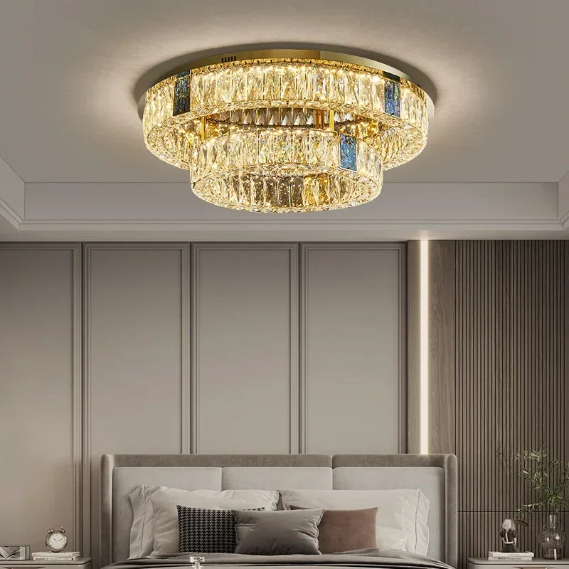 Modern Living Room Crystal LED Ceiling Lamp Bedroom Kitchen Island Fixtures Stainless Steel Round Chrome Art Ceiling Chandelier