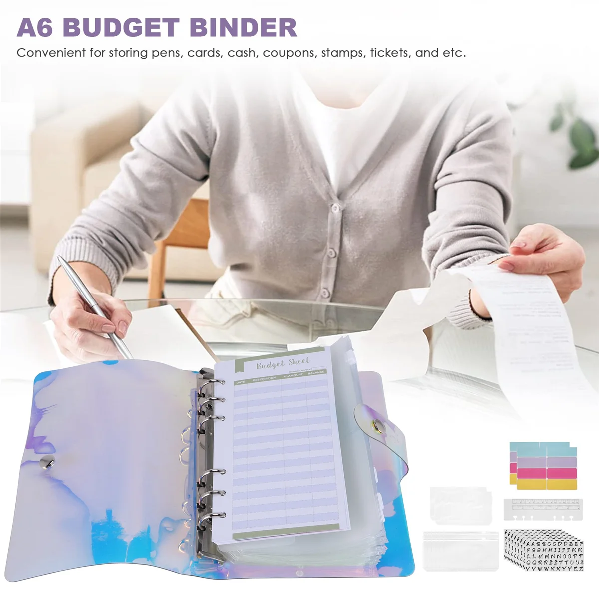38 Stuks Budget Organizer Binder Cash Envelop Systeem, Stickers, Budgetbladen, Pvc Tassen, Voor Geldplanner, Holografische Kleur
