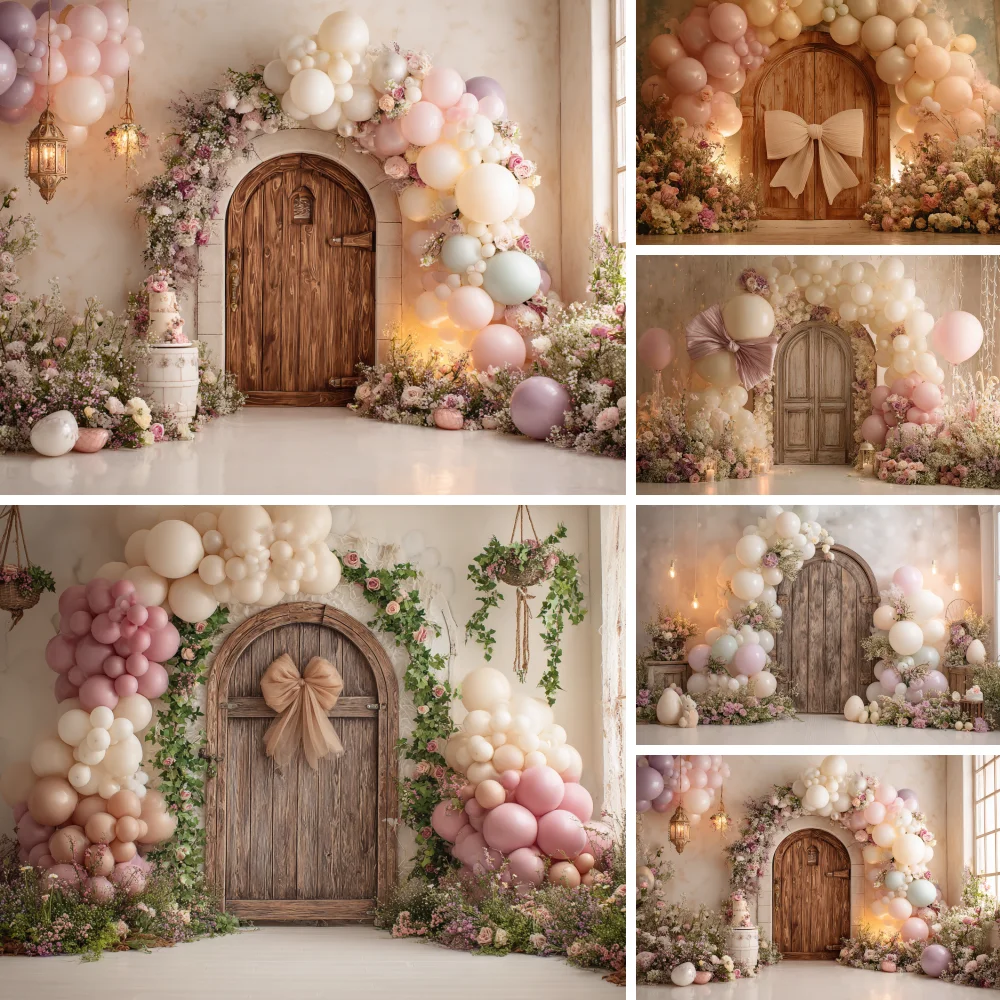 

Girls Birthday Party Photography Backdrop Floral Arch Bow Balloons Baby Girl 1st Birthday Welcome Wall Photo Studio Background