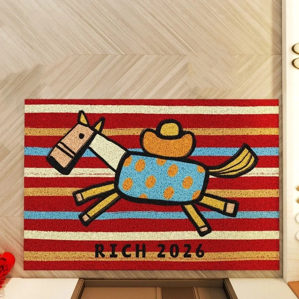 

Festive Anti-slip Chinese New Year Doormat Stain Proof Wear-Resistant Horse Pattern Carpet Cartoon Red Entrance Mat Home Decor