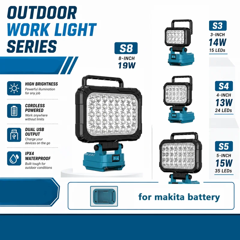 for makita led lamp 18v, 3,4,5,8 inches LED flashlight for Makita batteries ideal for emergency lighting and camping