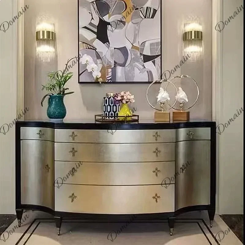N81 American Luxury Solid Wood Champagne Gold Foyer Chest Modern Minimalist Gold Leaf Custom DecorL81