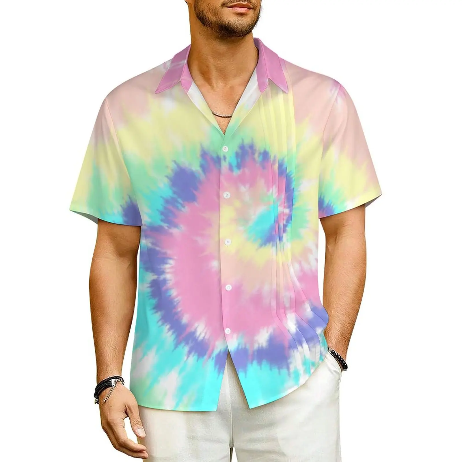 

Hawaii Shirt Beach Tie Dye Print Blouses Pastel Rainbow Cool Casual Shirts Male Short Sleeves Breathable Oversized Clothing