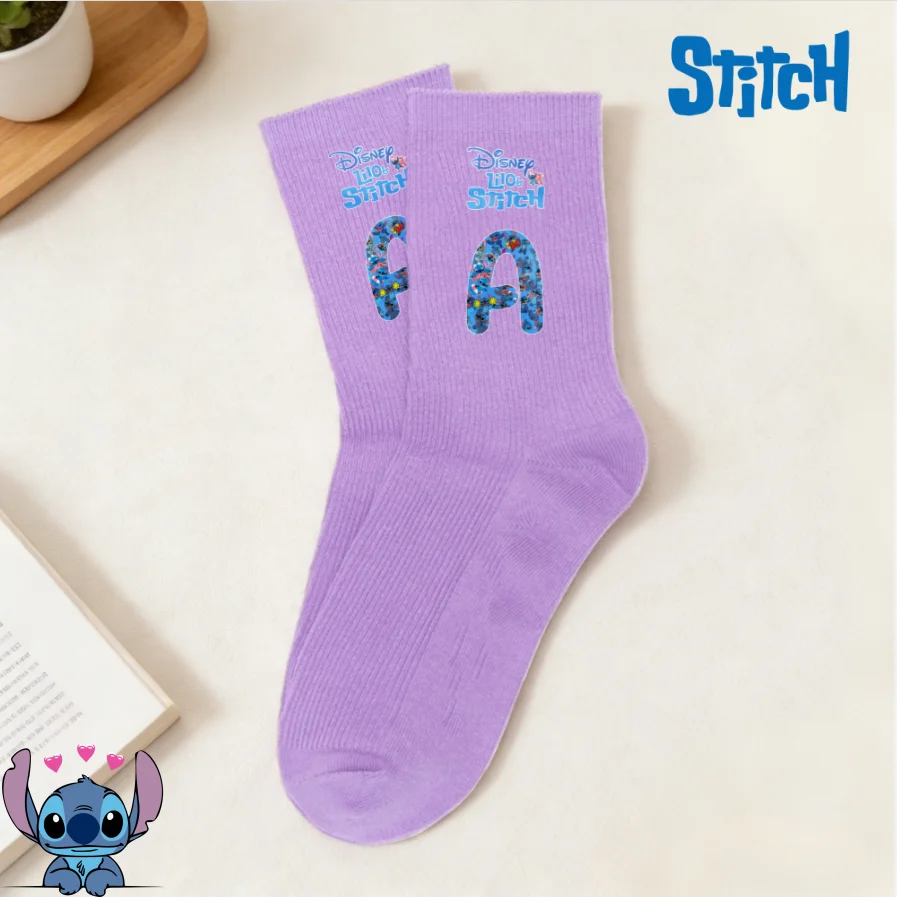 

Детские носки Disney Stitch с буквами A-Z, фиолетовые, для учащихся, уличные, нескользящие, спортивные, осенне-зимние, теплые, средней длины, для девочек, праздничный подарок