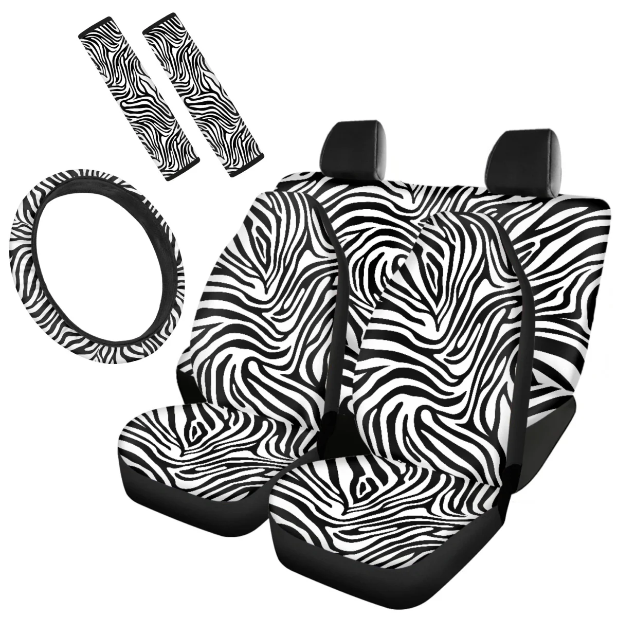 Elastic Remove Car Seat Cover 3D Zebra Stripes Print Full Set Steering Wheel Cover Wear-resistant Autos Seat Belt Covers Protect