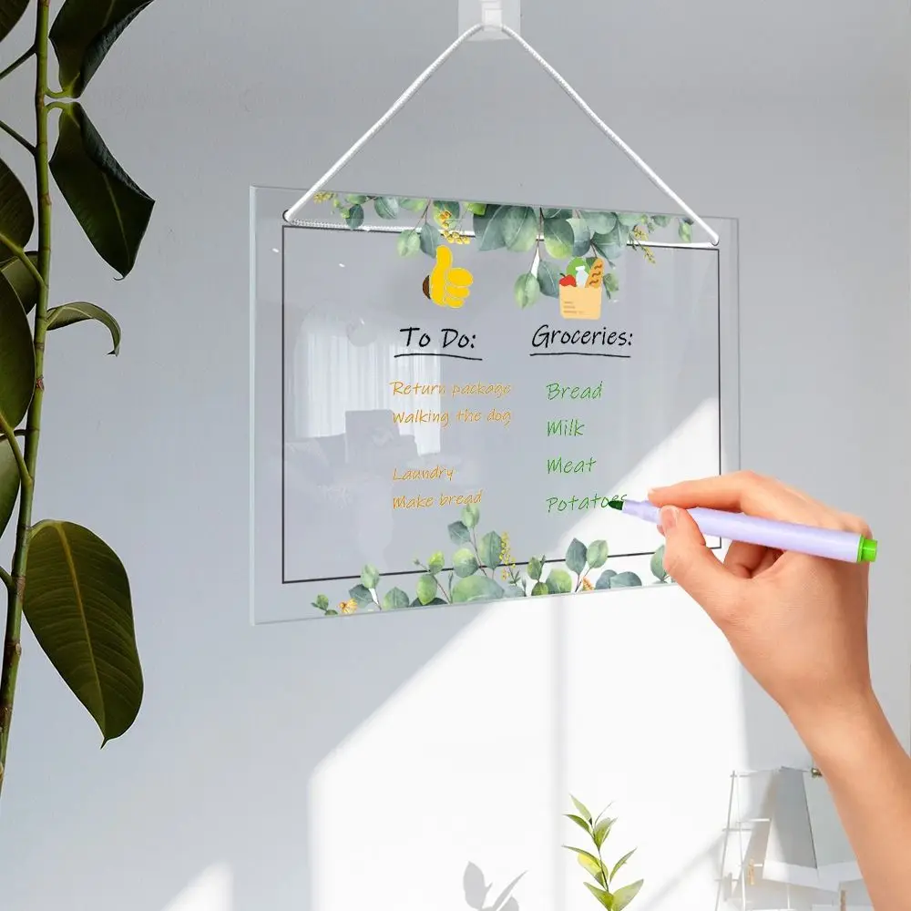Creative Transparent Message Board Acrylic Wall Hanging Display Board Green Leaves Pattern Handwritting Erasable Whiteboard Tool