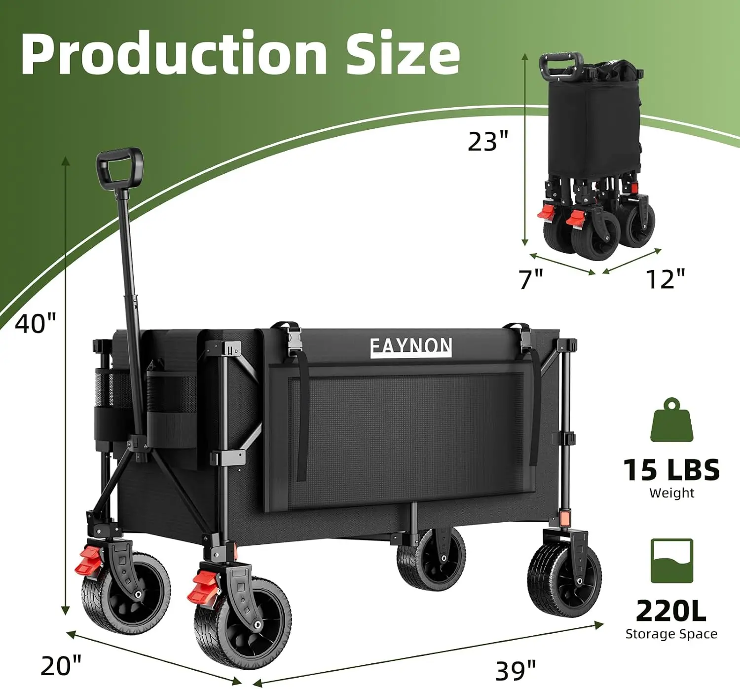 38-Inch Long Extended Collapsible Folding Wagon, Heavy-Duty Folding Utility Cart with 440 lb Weight Capacity and 220L Capacity, Foldable Wagon with Side Storage Pockets and Drink Holders, Black