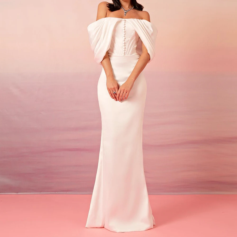 

Customized Graceful Satin Mermaid Off the Shoulder Buttons Evening Dress Boat Neck Half Sleeves Zipper Back Sweep Train White