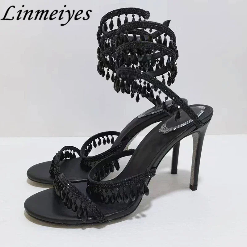 Sandalias de tacón alto para mujer, zapatos de gladiador con diamantes de imitación, cadena de cuentas, tobillo, serpiente, hilo alrededor de la boda, Verano