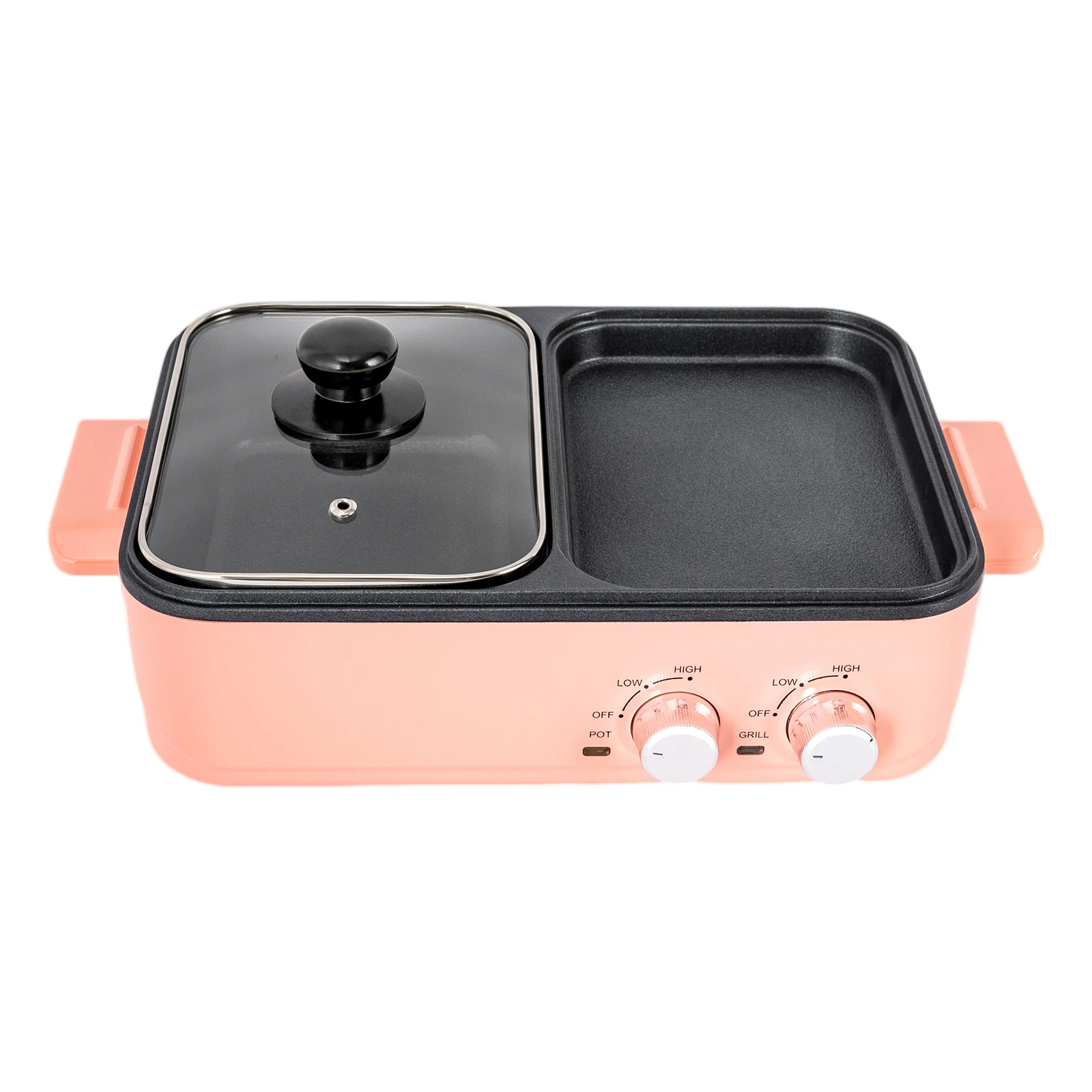 

Pink Electric Grill with Hot Pot, 2 in 1 Non-stick Electric Hot Pot and Griddle for BBQ Independent Dual Temperature Control
