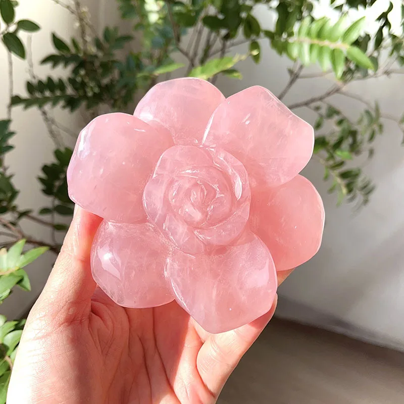 10CM Natural Rose Quartz Flower Carving Healing Stone Energy Gemstone Cute Home Decoration Gift 1PCS