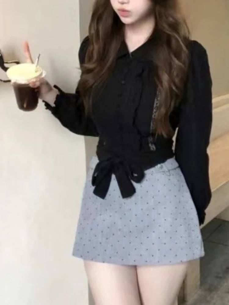 Setelan Dua Potong Vintage Prancis Elegan Wanita Atasan Lengan Panjang Hitam Chic + Rok Abu-abu Pakaian Baru Mode Slim Estetika Musim Gugur.