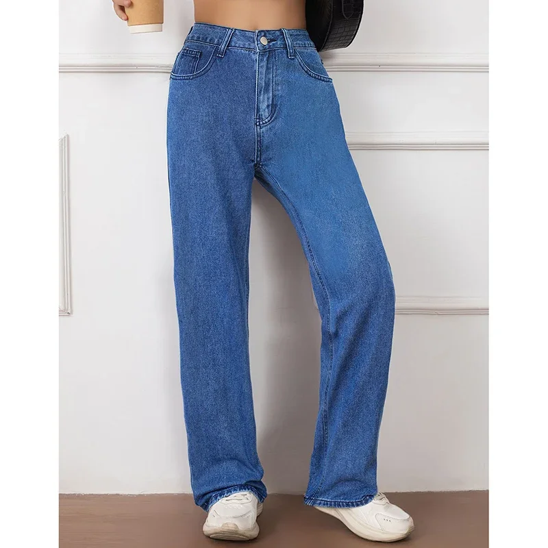 المرأة الكلاسيكية فضفاض مستقيم الساق الجينز الإناث الكورية عالية الخصر رقيقة سراويل جينز الفتيات الكورية موضة السراويل الطويلة الزرقاء #3