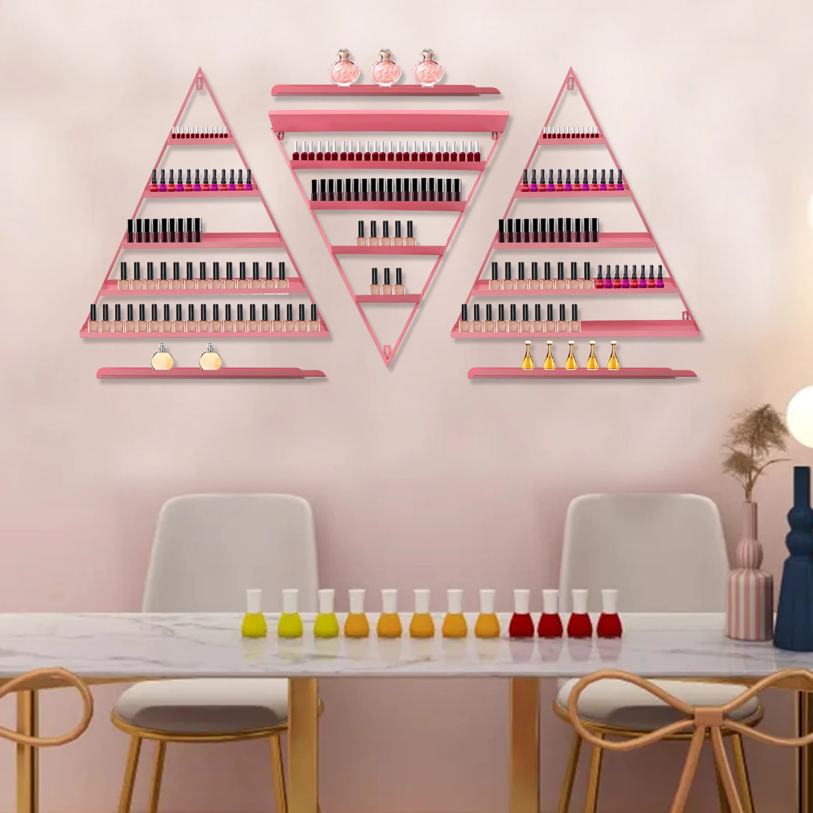 

Wall-Mounted Nail Polish Rack, Triangular Pink Nail Polish Shelf Lipstick Perfume Cosmetic Display Shelf for Home Spa Nail