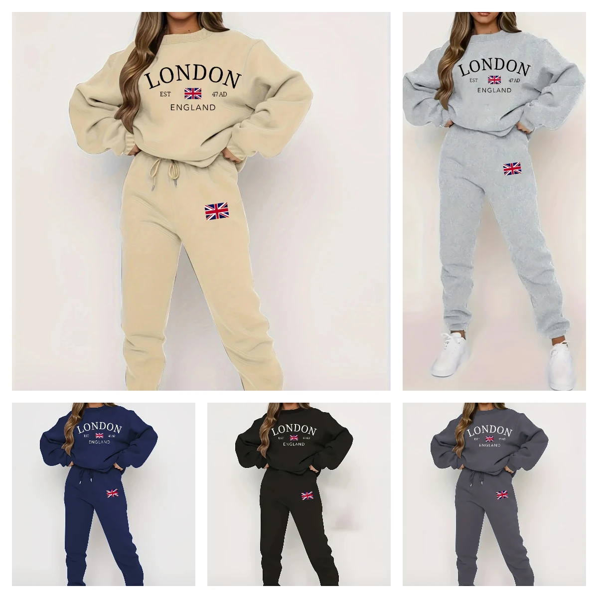 

2025Women's Autumn Winter Hip Hop Sweatshirt Set Printed Crewneck Sweatpants Casual Streetwear 2 Piece Tracksuit Warm Outfit