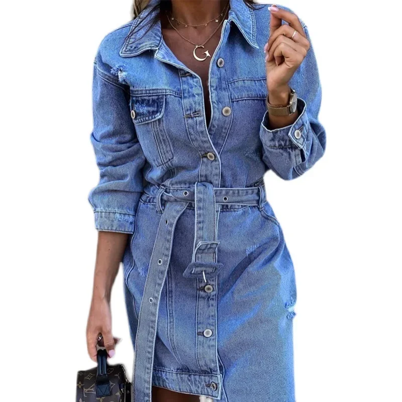 Women\'s Long Sleeved Asymmetric Denim Dress, Single Breasted Belt Pocket, Sexy Slim Fit Dress