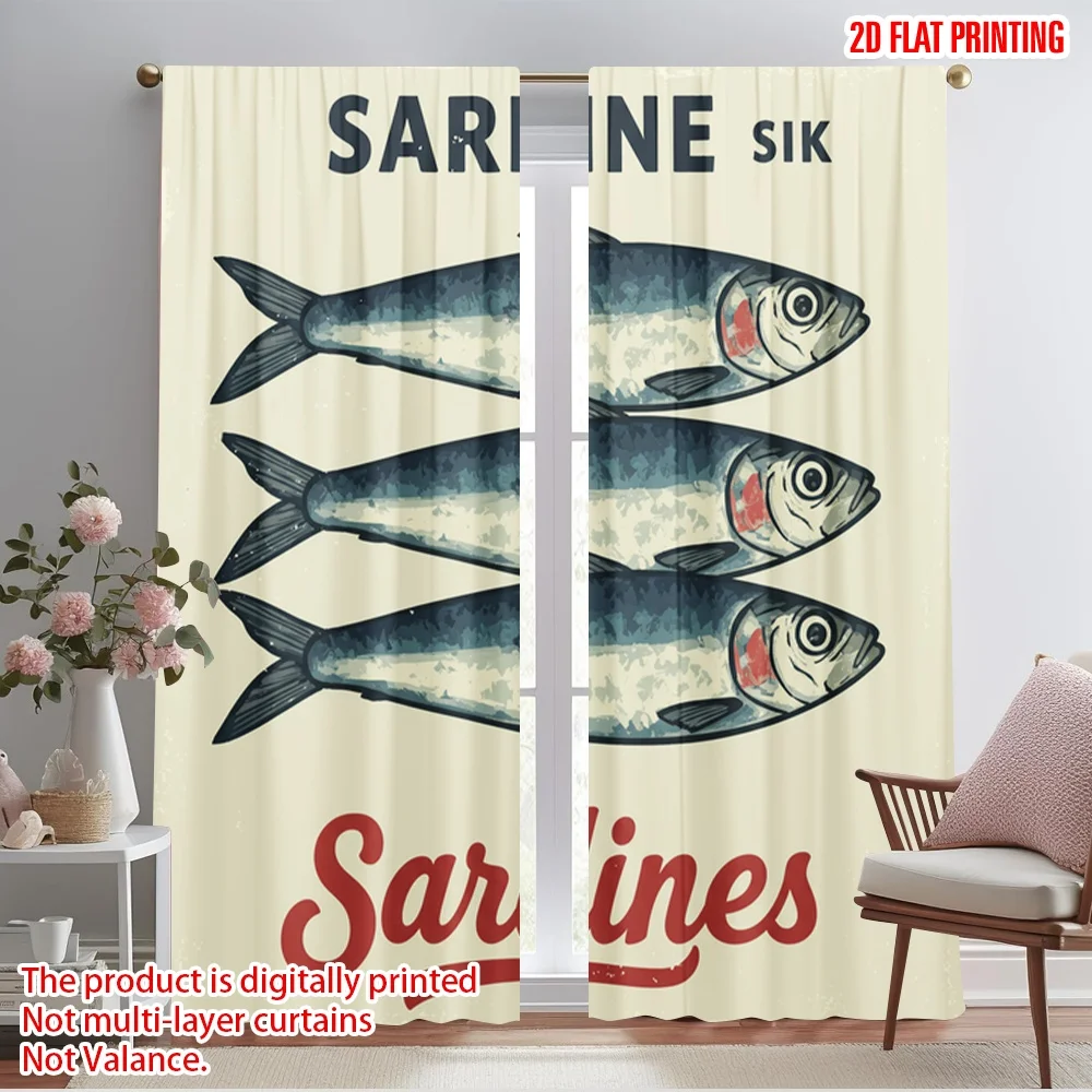 

2pcs 2D flat printing Party Curtain Sardine Fish Fabric Without Electricity Festive Curtains Use for Living Room Outdoor Decor