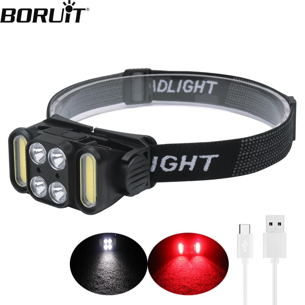 BORUiT K362 Induction LED Headlamp 300LM 6-Modes Type-C Rechargeable Waterproof Headlight Built-in 18650 Battery Camping Lantern