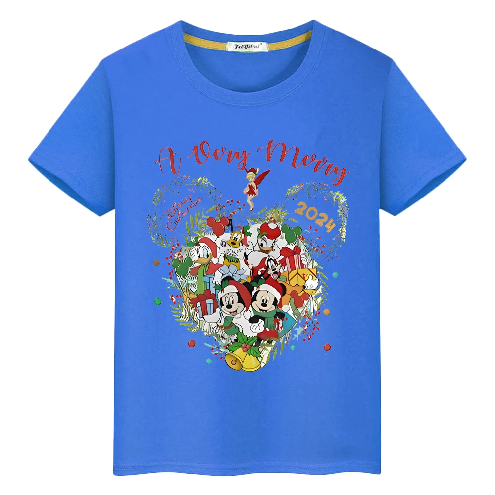 Christmas Print Disney Mickey t shirt for kids boy 10year 100%Cotton Kawaii Tops anime Short tshirt y2k one piece girl clothes image 4