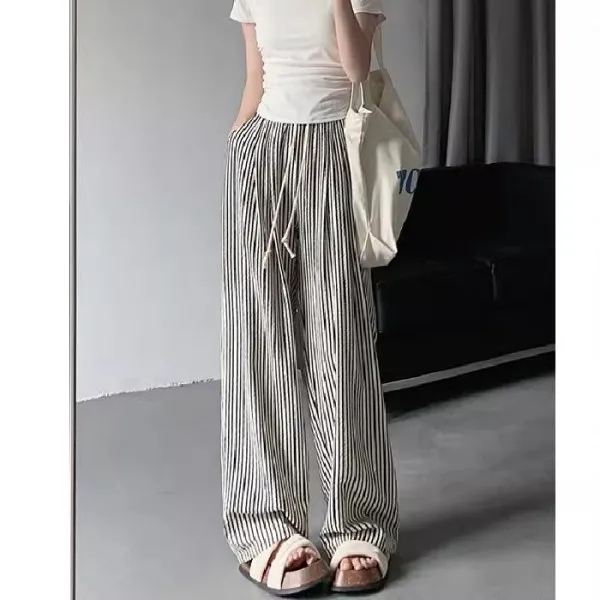 Trendy Lazy Striped Wide Leg Pants High Waist Drawstring Korean Style Casual Straight Long Trousers Breathable Cotton Denim