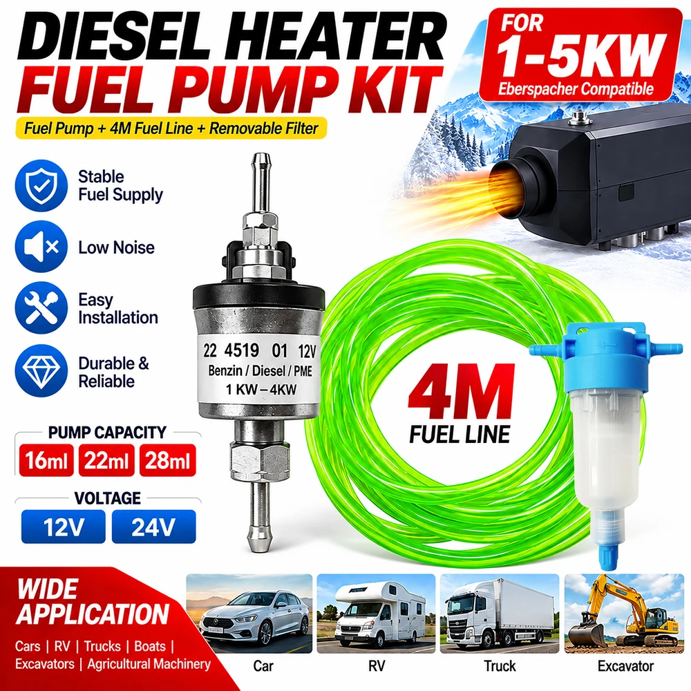 Universal Fuel Pump for Eberspacher Diesel Heater 12V/24V 16/22/28ml with 4M Fuel Pipe Hose Line And Oil Filter