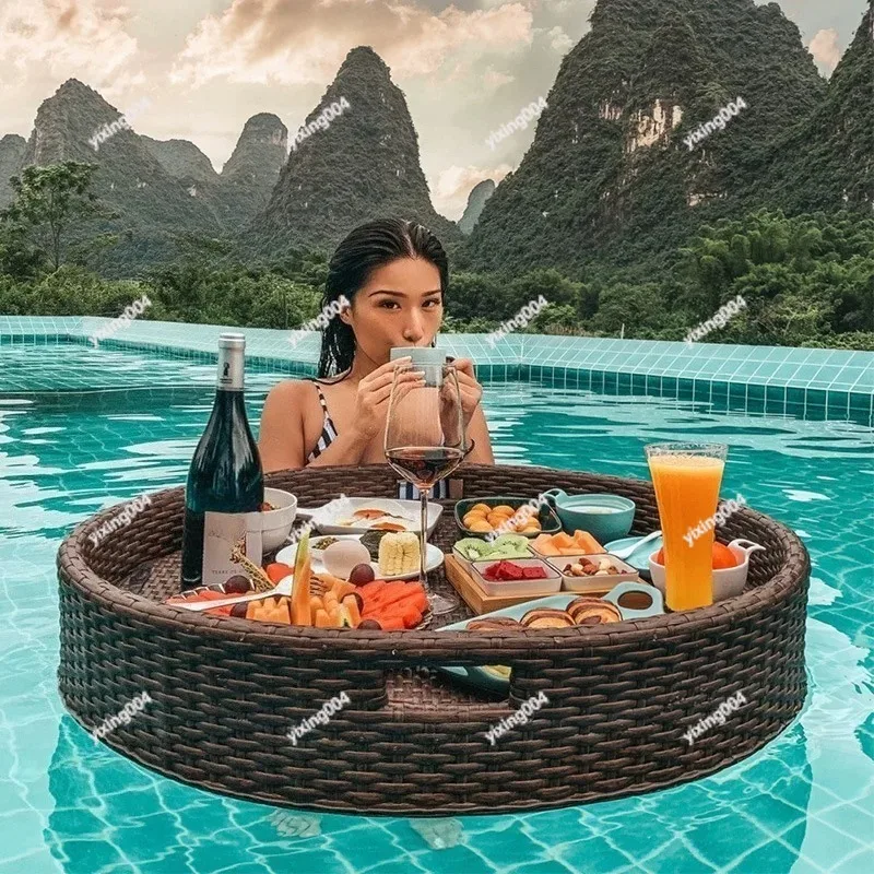 Rattan Floating Tray with Cup Holder Round Heart Shape Water Serving Tray for Pool Spa Hotel Villa