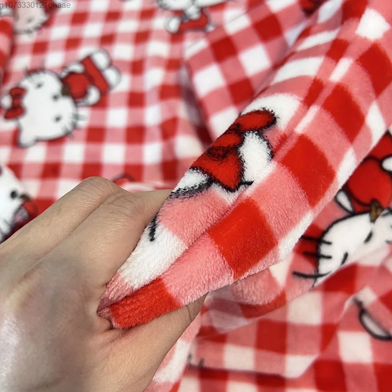 Sanrio Hello Kitty Home Clothes Red Plaid Plush Top Pullover Pants Women 2 Piece Set Cartoon Soft Flannel Cute Pajamas Suit Y2k