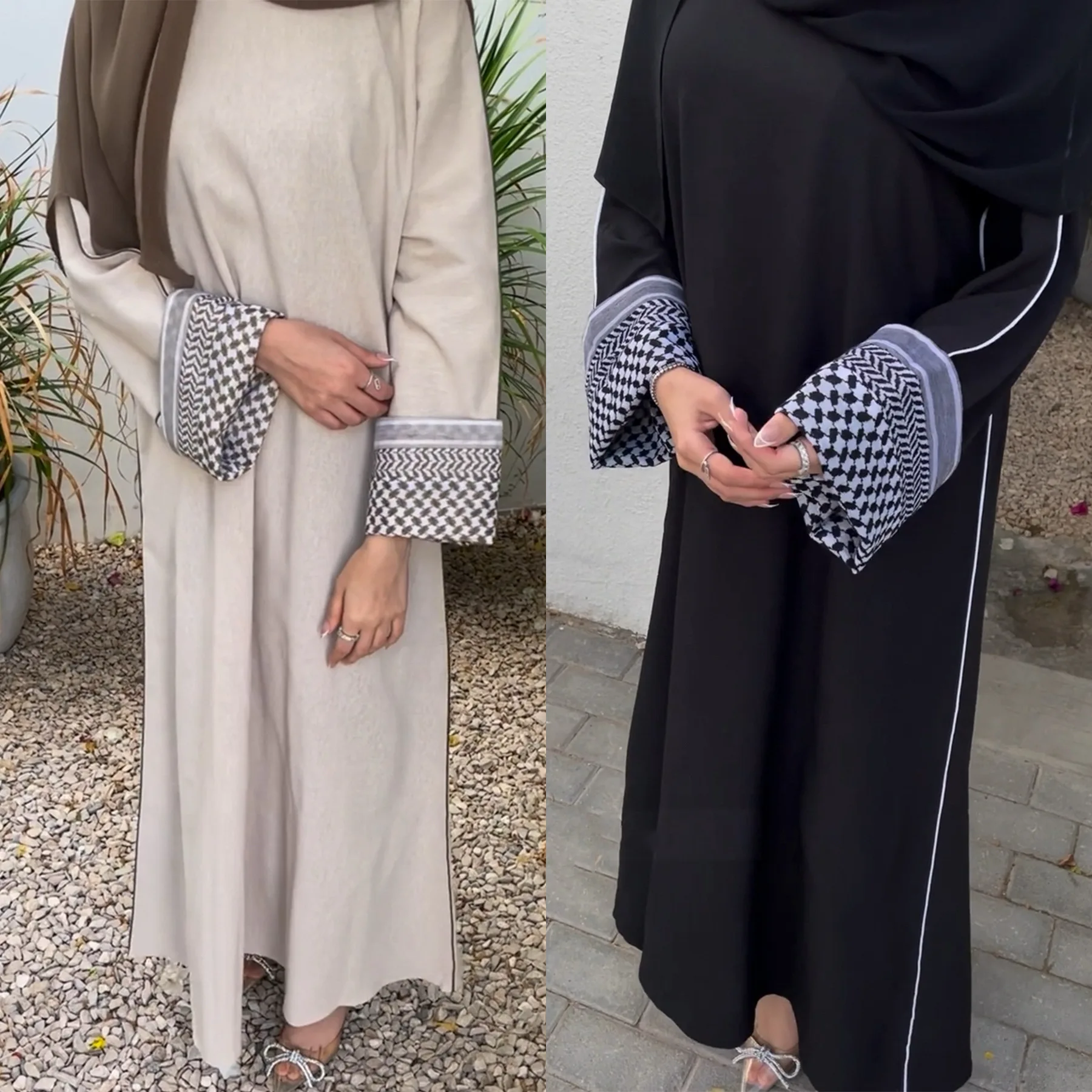 

Hot Muslim Abaya Beige Geometric patterns Cuff Long Dress Elegant Modest Islam Clothing for Women in the MIddle East Dubai Style