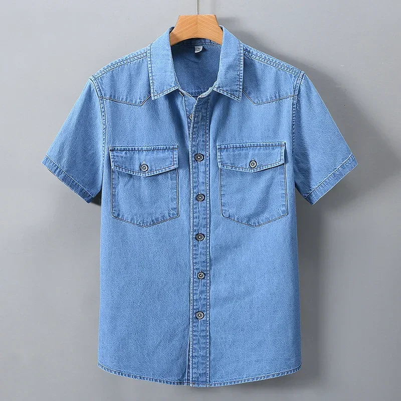 

Korean Fashion Short Sleeve Denim Shirt Men and Summer Streetwear Unisex Top Casual Double Pockets 100% Cotton Washed Jean Shirt