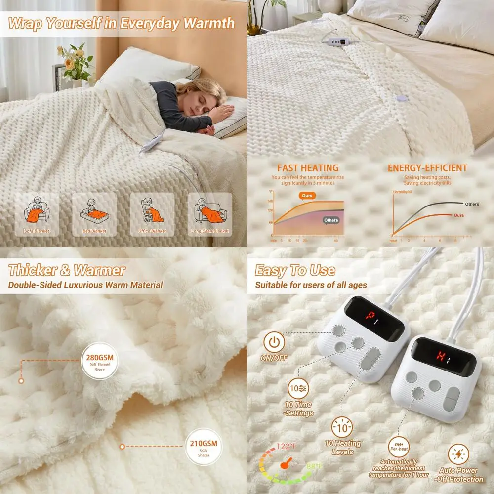 

Одеяло с электрическим подогревом King Size 90x100, двойное управление, 10 уровней нагрева, автоматическое отключение, мягкий флис, можно стирать в машине, бежевый