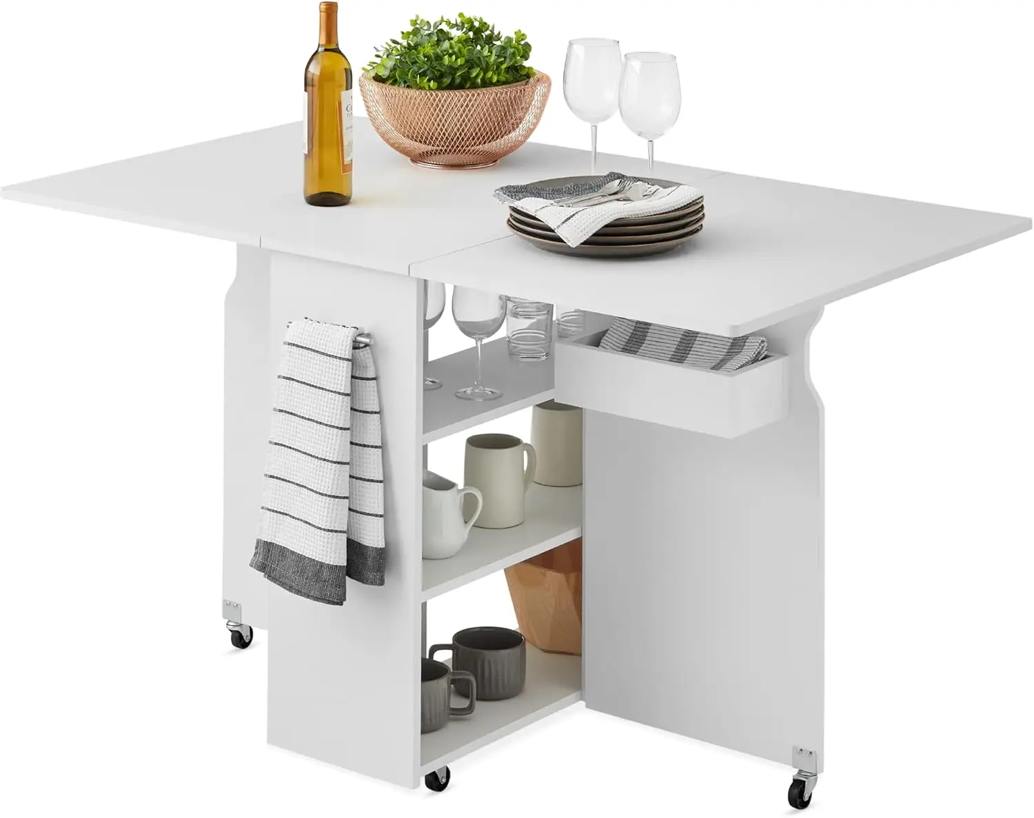 Mesa de comedor plegable multiusos, ahorro de espacio, escritorio de extensión de hojas colgantes con ruedas, 3 estantes de almacenamiento, blanco