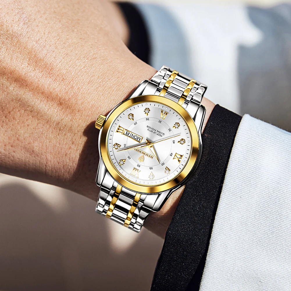 BINBOND ساعات رجالية 7169G موضة الأعمال ساعة كوارتز أصلية للرجل مقاوم للماء الفولاذ المقاوم للصدأ تاريخ الأسبوع مقياس مزدوج جديد