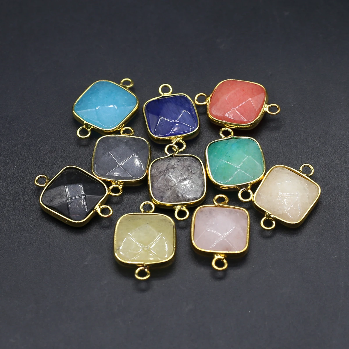 15PCS  Natural Semiprecious Stone Random Color Circular Gold Edge Connector Pendant 15mm Jewelry Making DIY Necklace Earrings