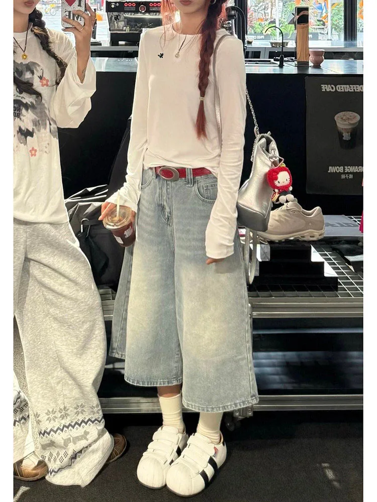 

American Retro High Waist Wide Leg Jeans Women's Summer Slimming Loose Straight Cut off Shoulder Shorts Casual Cotton Blend