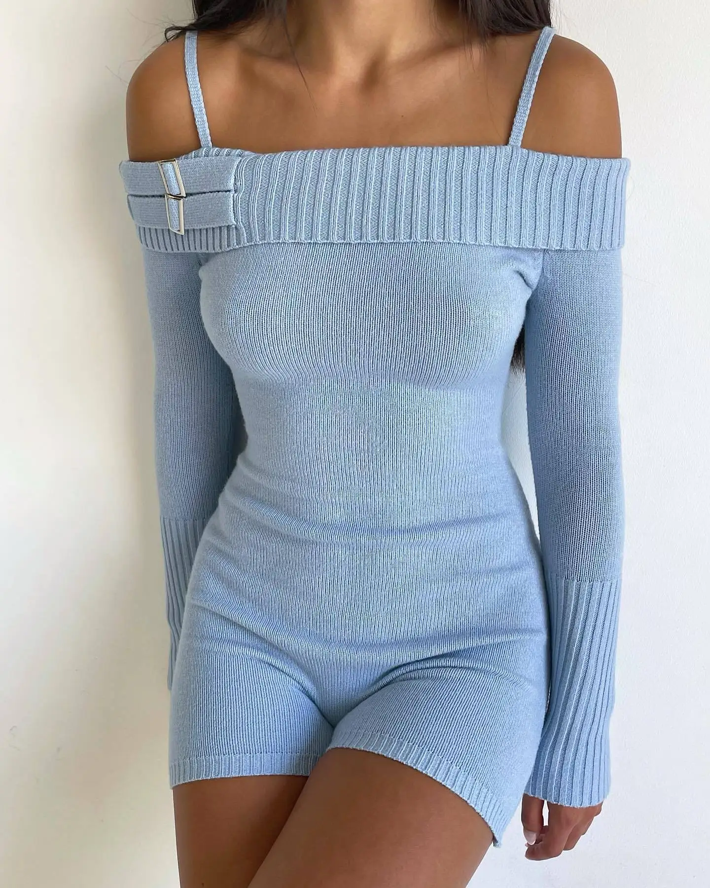 

European American Women's Clothing, Sexy Off Shoulder Sling Slim High Waist Knitted Jumpsuit, Long Sleeve Knit Bodysuit Playsuit