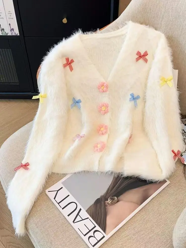 Sweet Sueter Mujer Knitting Cardigan Coat Autumn Winter Women Clothing Pull Femme Bow 3D Flower Furry Soft Cropped Sweater Tops