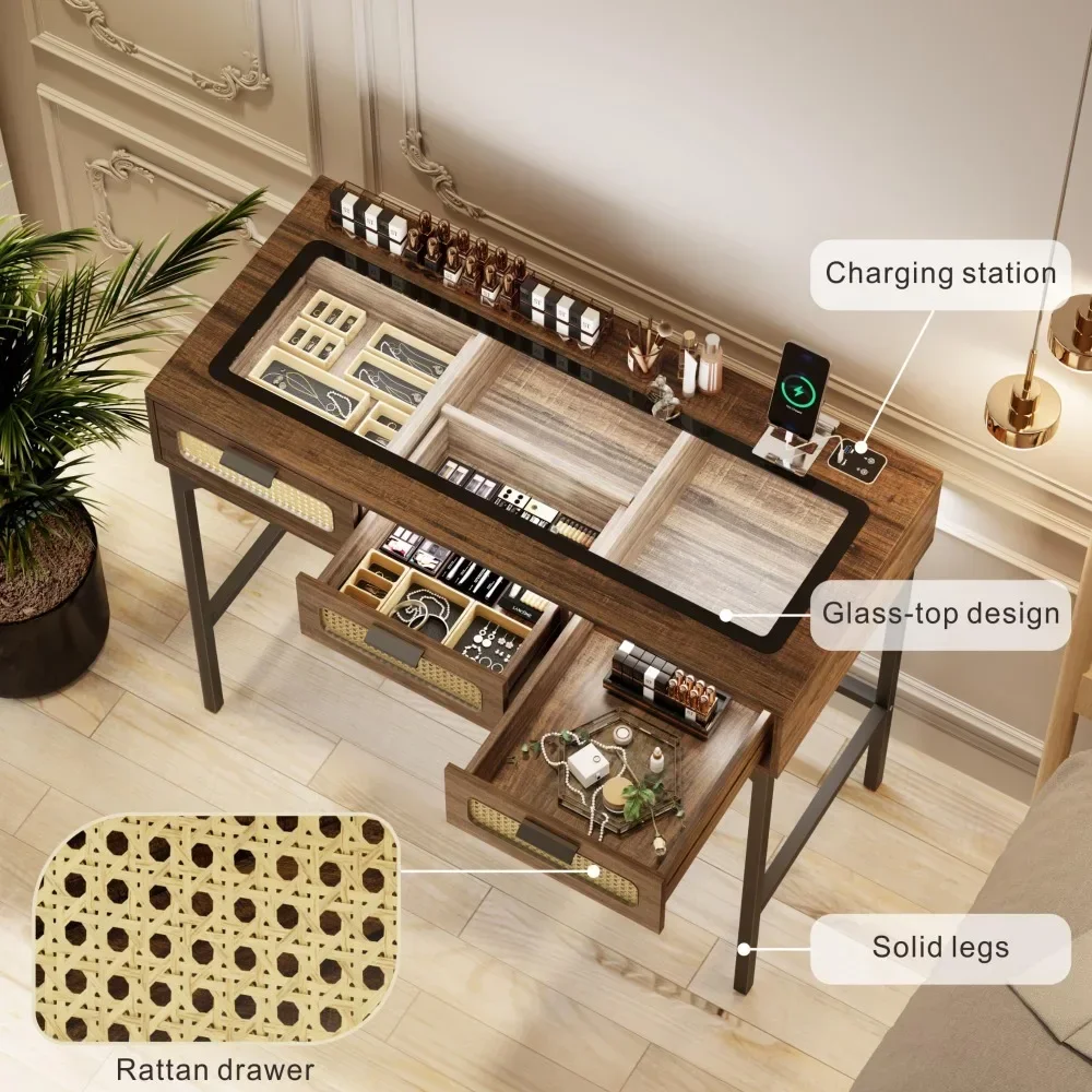 

jz New Makeup Vanity with LED Lights - Wooden Makeup Table with Rattan Drawers, Bedroom Furniture