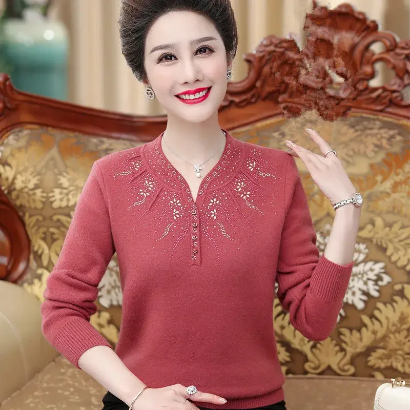 

Women's Spring Autumn Sweater Diamond Keep Warm In Winter Plus Size Pullover Wool Korean Fashion Chinese Style Cheongsam Collar