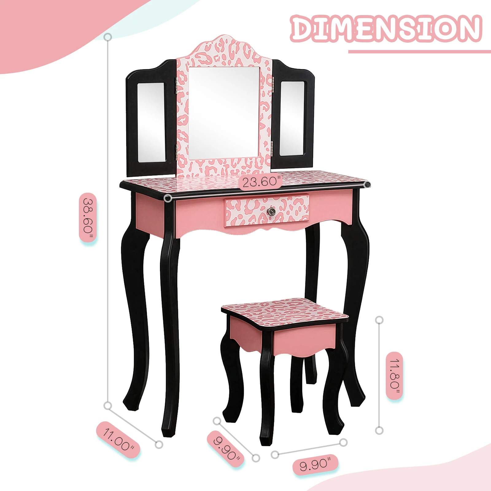 USA STOCk Children Dresser Three-Fold Red Leopard Print Mirror Single Drawer Arc Feet Children Dresser with stool