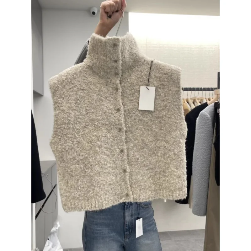 

Ladies Knitted ort Sweater Vest Women's Stand Collar Button Design Slim Tops Outerwear Soft Casual Commute Sweater Waistcoat