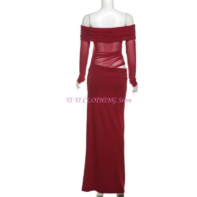 N5KF BodyCon Maxi Dress Długie rękawie Ruched Off Rame Sheer Mesh Suknia dla kobiet