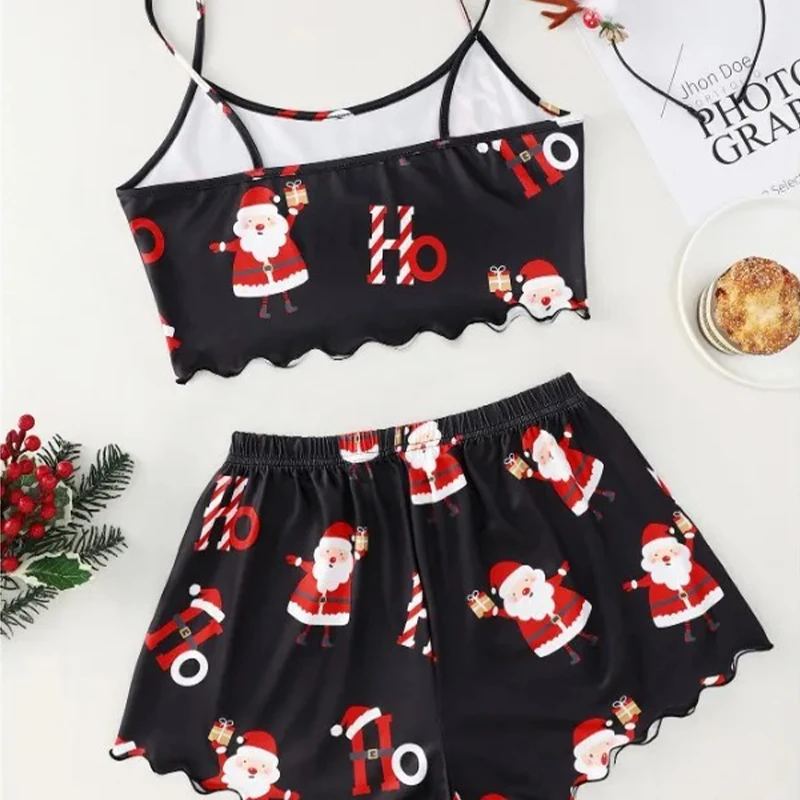 Women Christmas Santa Claus Crop Tops Strap Snowman Tees Nightclothes Pyjamas Nightgown Shorts Shirts Suit Casual Suits Sets