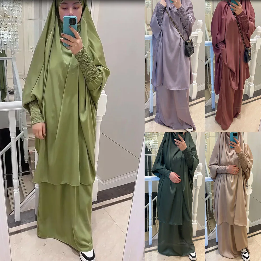 

2PCS Islamic Women Prayer Garment Muslim Khimar Skirt Set Overhead Hijab Caftan Abaya Dress Niqab Burqa Kaftan Eid Ramadan Robe