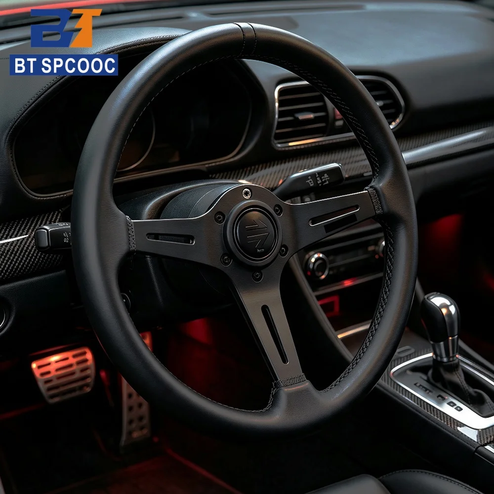 Black Edition 15 Zoll 370mm Rennsportlenkrad Echtleder Dicke Aluminiumspeichen – Detail 2