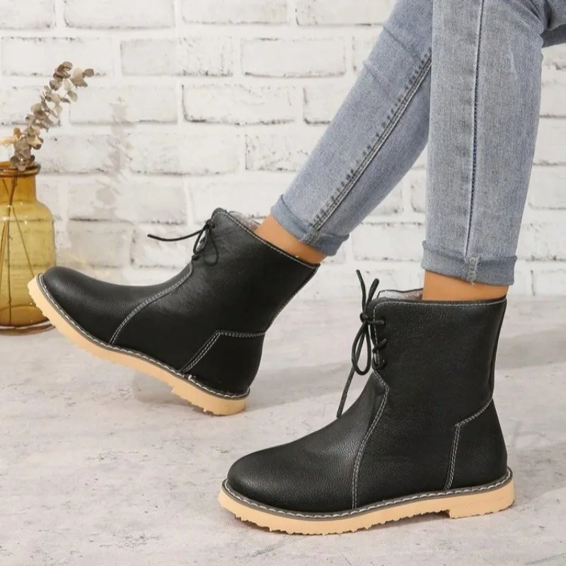 2026 Autumn and Winter New Pointed Toe Women's Shoes Versatile Cross Lace-up Soft Sole Warm Booties