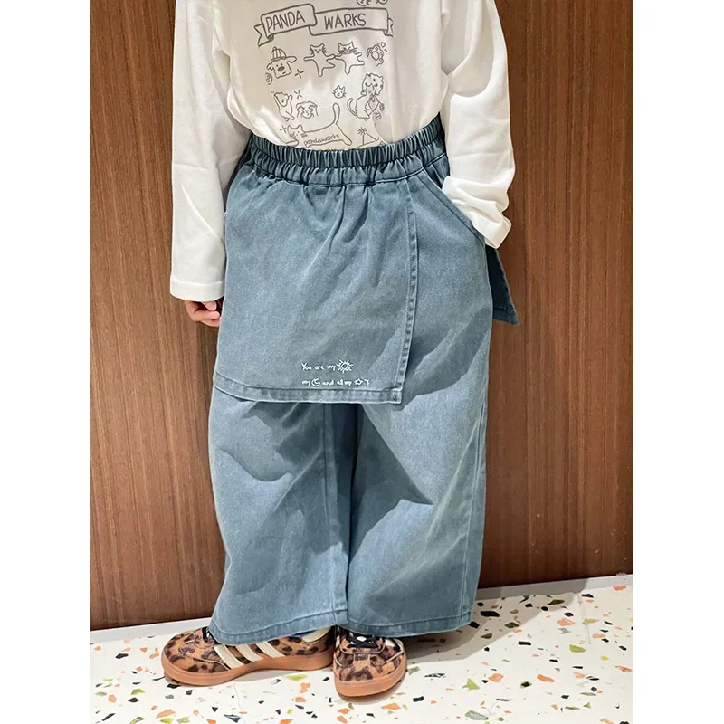 Girl Jeans Pant 2024 Autumn New Baby Treasure Korean Farts Curtain Skirt Jeans Style Retro Jeans Baby Girl Fashion Blue Pant