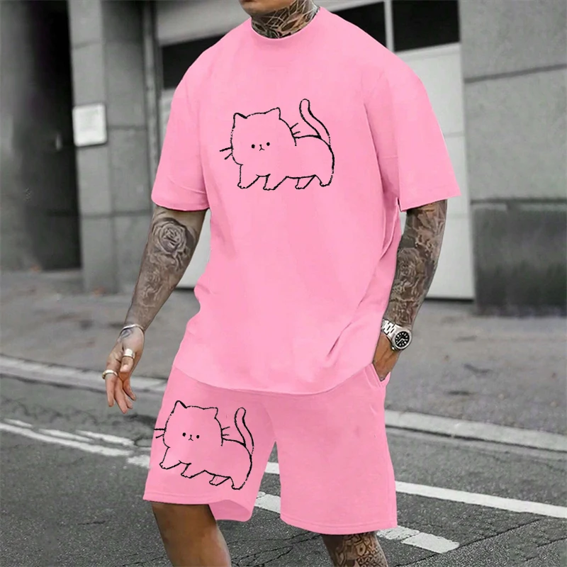 

2025 Harajuku T-Shirt Men's Summer Loose Daily Couple Suit Outdoor Street Short Sleeve Shorts Two Piece Men Summer Suit kitty
