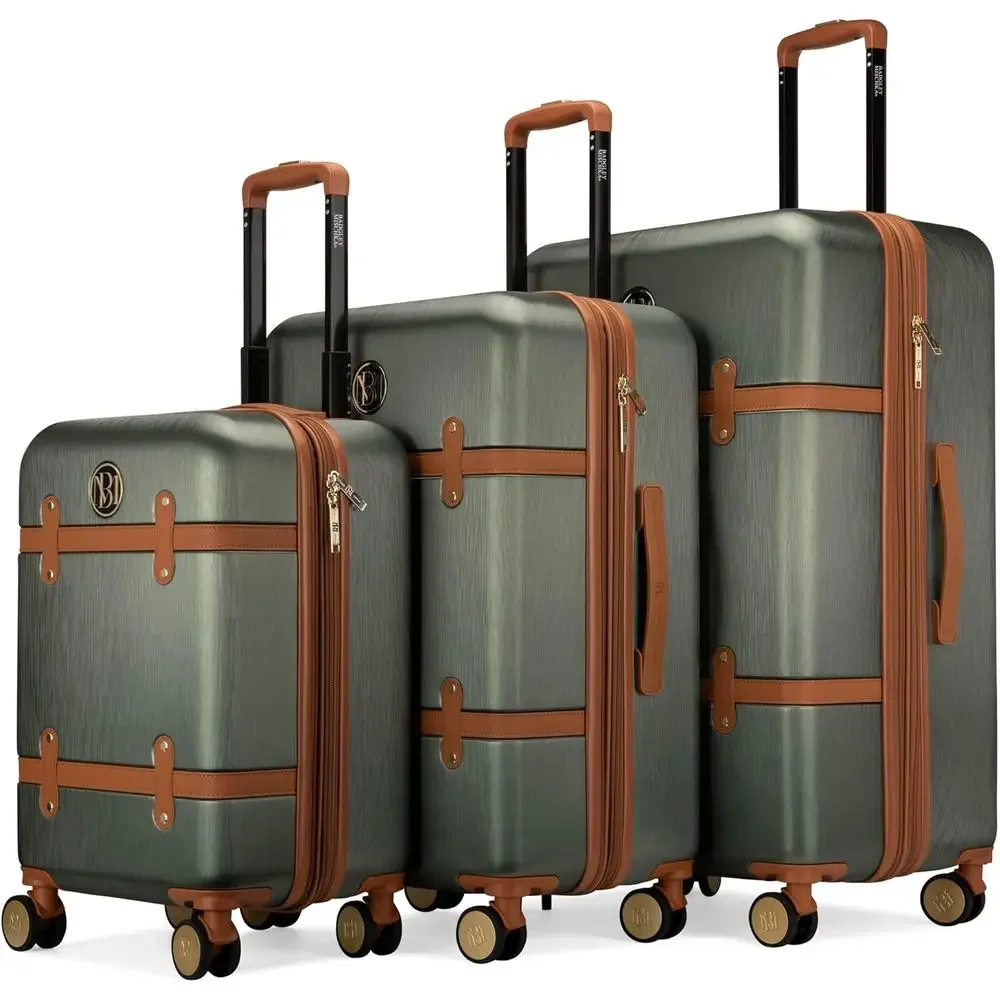 

3-Piece Expandable Retro Luggage Set in Olive Green Polyte-ABS Material
