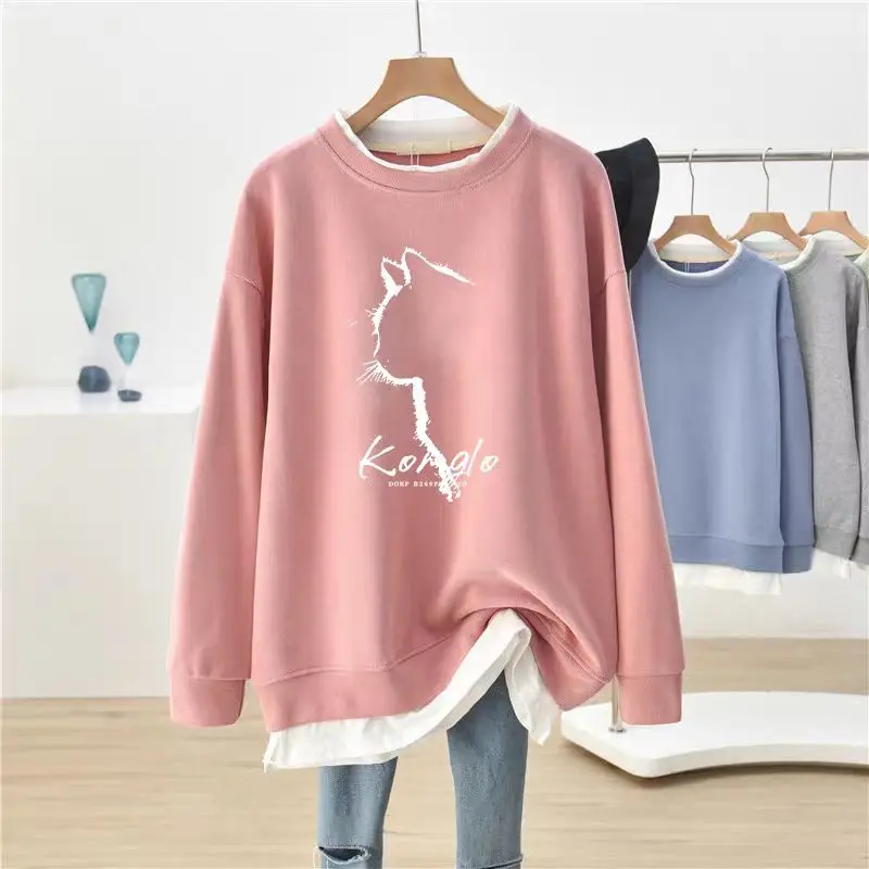 DAYIFUN-Übergroße Hoodies Frauen O-Ausschnitt Sweatshirts Cartoon Print Tops Plus Größe gefälschtes zweiteiliges Design Frühling Herbst neue 2024 Top