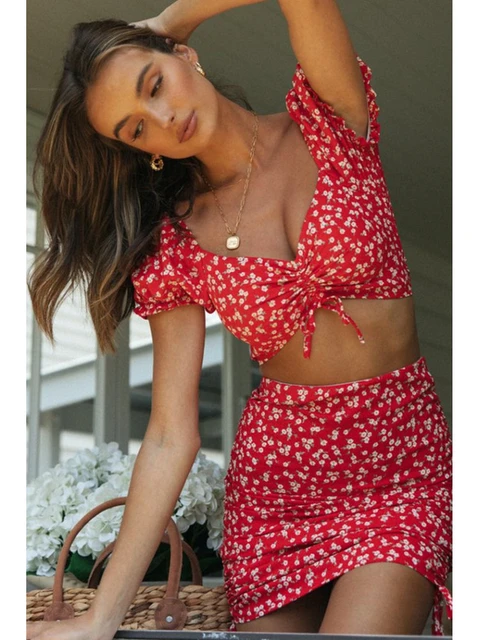 2024 Summer Women Two Piece Sets Boho Floral Skirts Sets Ladies Short Sleeve V Neck Crop Tops Blouse and Mini Skirt Harajuku